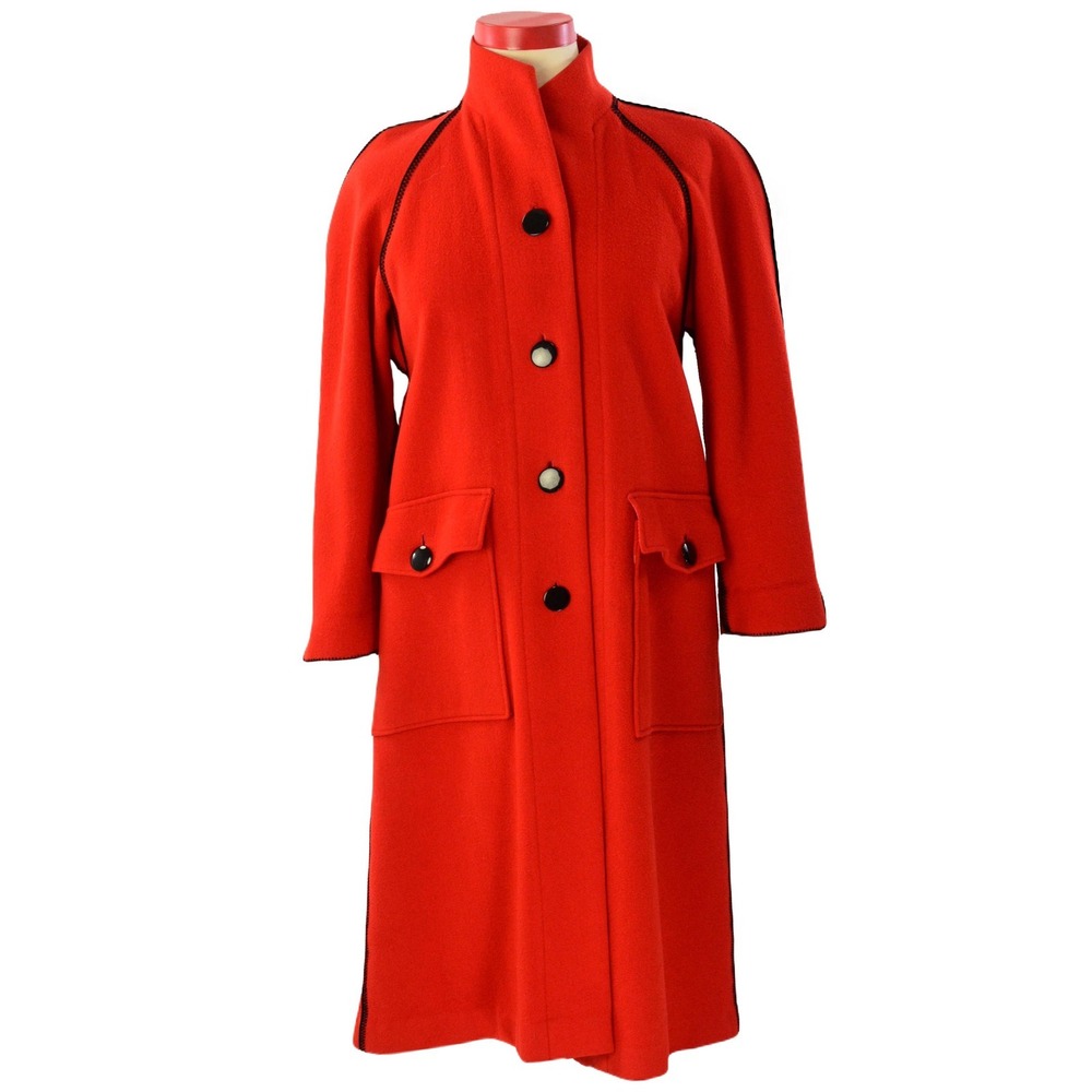 60s Vintage Cherry Red Whipstitch Coat Womens S M Mandarin Collar Longline Boho